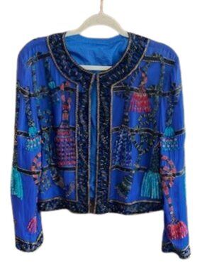 Vintage glam embellished sequined beaded blue cropped jacket top